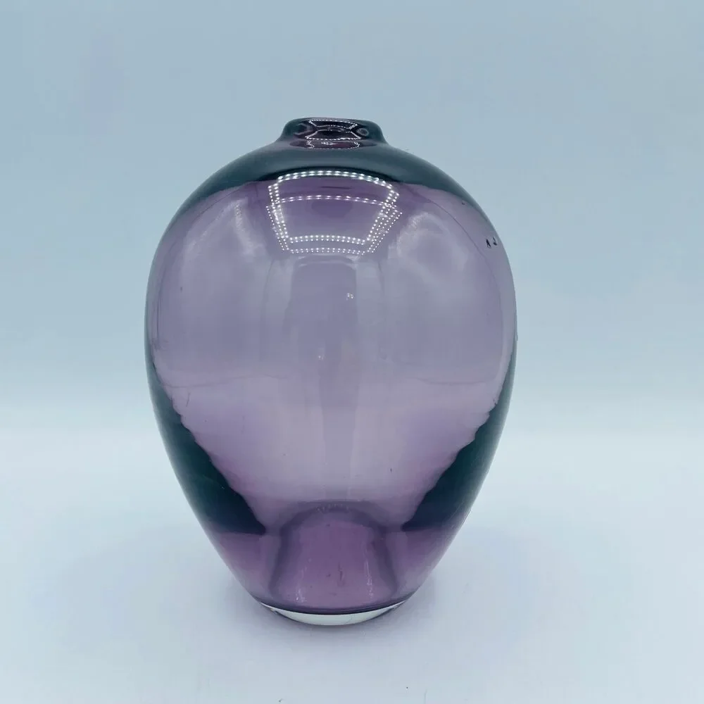 Vintage Purple Amethyst Blown Art Glass Vase Small Hole Opening 5.5” Tall